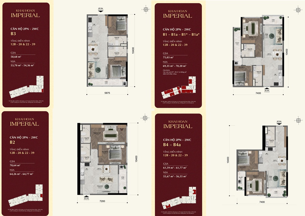 Đa dạng các mã căn 2PN tại Khải Hoàn Imperial với nhiều lựa chọn diện tích từ 53m2 đến hơn 70m2