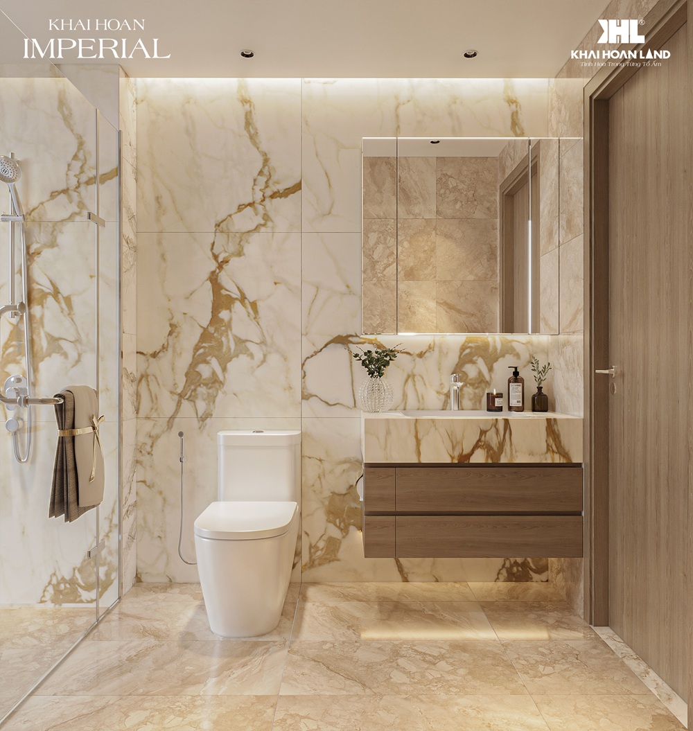 Phòng tắm ốp đá marble và sàn đá tự nhiên trong tiêu chuẩn bàn giao Khải Hoàn Imperial
