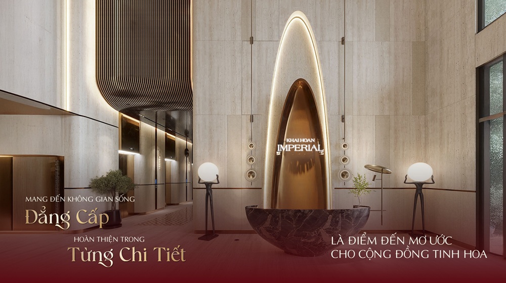 Sảnh đón chuẩn khách sạn 5 sao là điểm chạm đầu tiên cho hành trình nghỉ dưỡng mỗi ngày tại Khải Hoàn Imperial