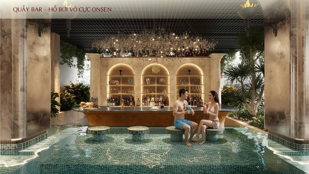 Hồ bơi vô cực Onsen khoáng nóng tại tầng 21 trạm sạc năng lượng lý tưởng sau những giờ làm việc căng thẳng.