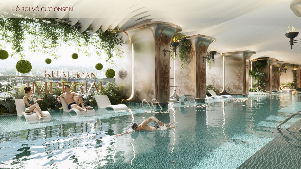 Hồ bơi vô cực Onsen sử dụng công nghệ muối khoáng, minh chứng cho sự chỉn chu trong thiết kế tiện ích Khải Hoàn Imperial