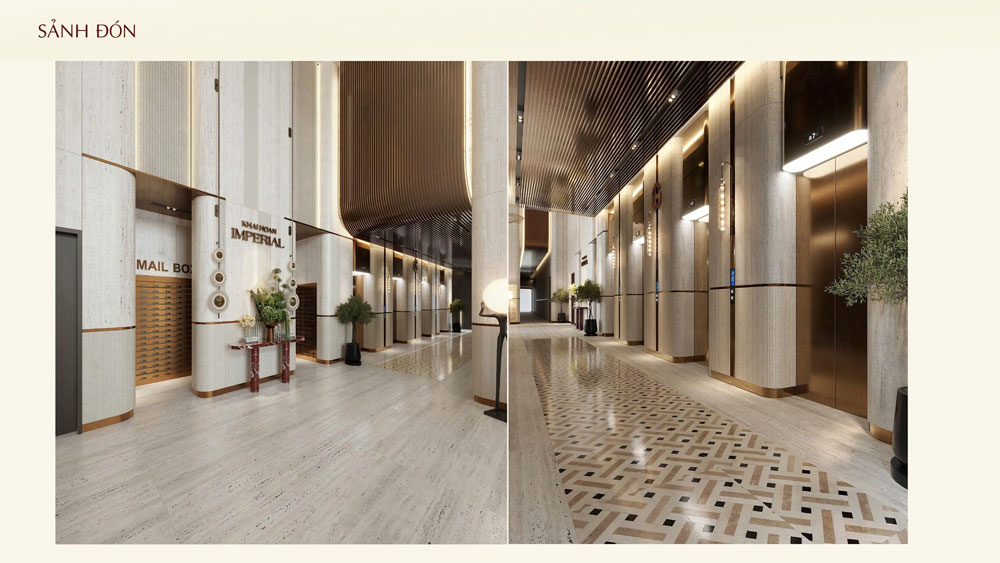 Sảnh đón officetel Khải Hoàn Imperial riêng biệt tại tầng 1 với thiết kế sang trọng, tạo ấn tượng chuyên nghiệp ngay từ lần đầu chạm mặt đối tác