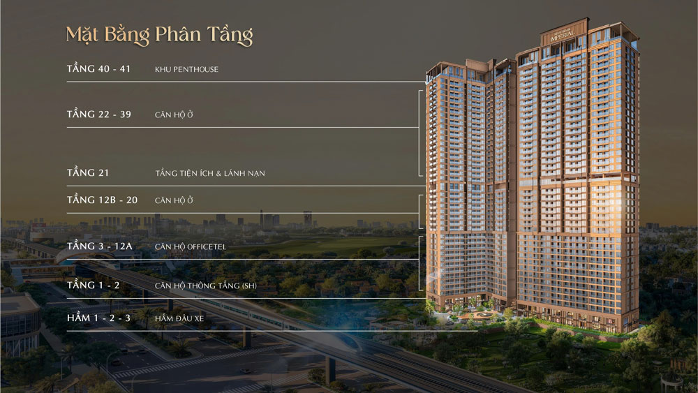 Sơ đồ phân tầng khoa học giúp tách biệt khu Officetel (Tầng 3-12A) với khu căn hộ ở, đảm bảo tính chuyên nghiệp và riêng tư cho doanh nghiệp